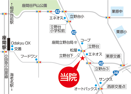 立野台クリニックは県道42号線沿いのひまわりメディカルタウン内にあり、小田急線座間駅より立野台交差点方向に歩行で19分、相鉄線さがみ野駅より歩行で24分。旧レストランふたばの跡地。